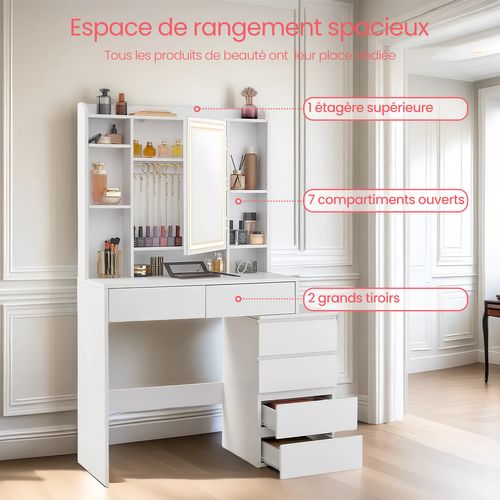 Coiffeuse Avec Tabouret, Miroir LED, 3 Luminosités Réglables, Tiroirs, Compartiments Ouverts, Blanc