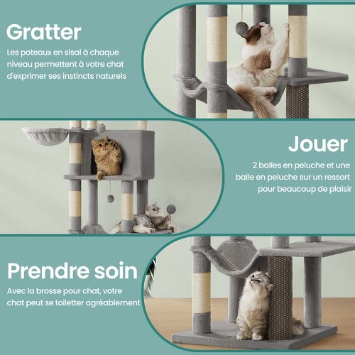 Grand Arbre à Chat 175 Cm, 2 Paniers, 2 Niches, 5 Griffoirs, Toilettage Autonome, Hamac, Perchoir