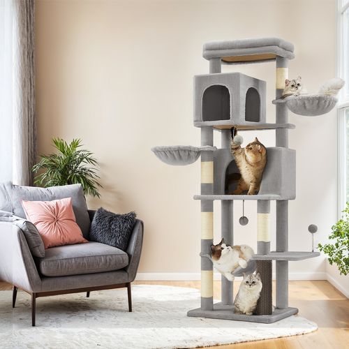 Grand Arbre à Chat 175 Cm, 2 Paniers, 2 Niches, 5 Griffoirs, Toilettage Autonome, Hamac, Perchoir