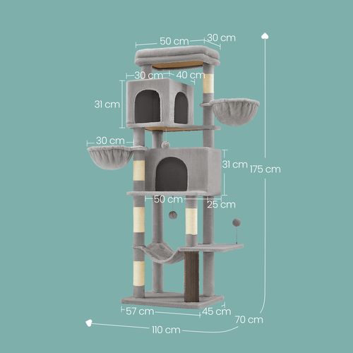 Grand Arbre à Chat 175 Cm, 2 Paniers, 2 Niches, 5 Griffoirs, Toilettage Autonome, Hamac, Perchoir