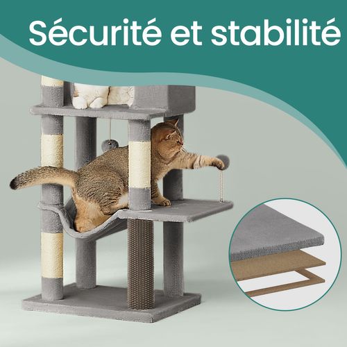 Grand Arbre à Chat 175 Cm, 2 Paniers, 2 Niches, 5 Griffoirs, Toilettage Autonome, Hamac, Perchoir