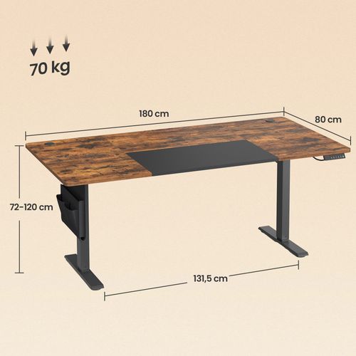 Bureau Réglable En Hauteur, 180 X 80 Cm, Fonction Mémoire, Port USB-c, Marron Et Noir
