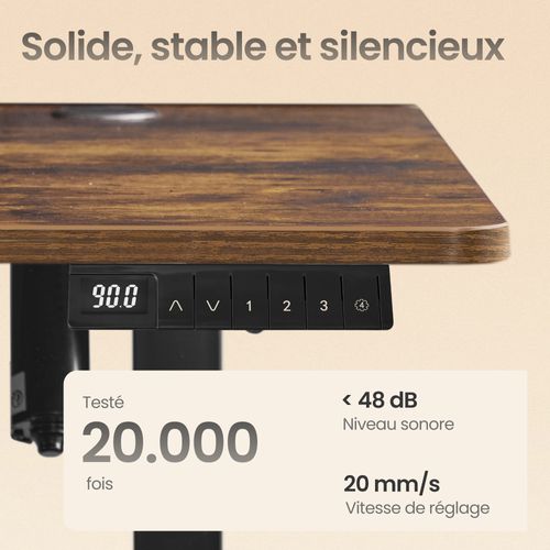 Bureau Réglable En Hauteur, 180 X 80 Cm, Fonction Mémoire, Port USB-c, Marron Et Noir