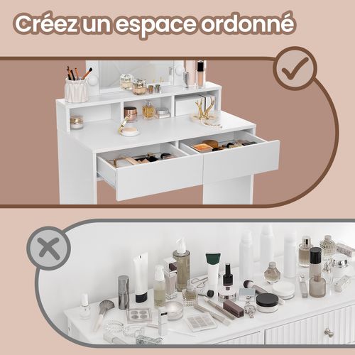 Coiffeuse Avec Grand Miroir LED, 2 Tiroirs Et 3 Compartiments, Coin Beauté, Style Moderne, Blanc