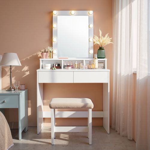 Coiffeuse Avec Grand Miroir LED, 2 Tiroirs Et 3 Compartiments, Coin Beauté, Style Moderne, Blanc