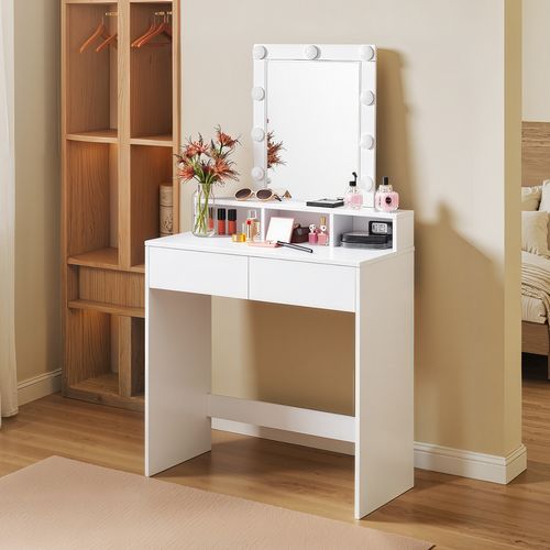 Coiffeuse Avec Grand Miroir LED, 2 Tiroirs Et 3 Compartiments, Coin Beauté, Style Moderne, Blanc