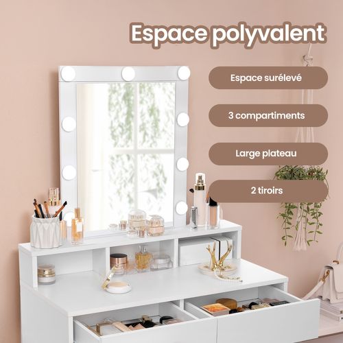 Coiffeuse Avec Grand Miroir LED, 2 Tiroirs Et 3 Compartiments, Coin Beauté, Style Moderne, Blanc