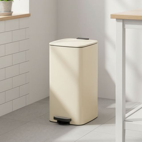 Poubelle De Cuisine, 30 Litres, Poubelle à Pédale, Avec Seau Intérieur, Fermeture Douce, Beige