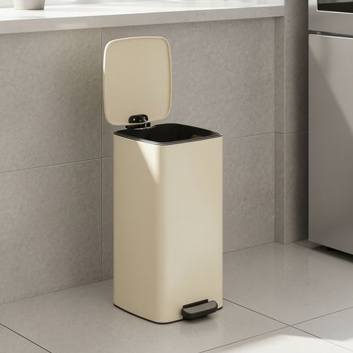 Poubelle De Cuisine, 30 Litres, Poubelle à Pédale, Avec Seau Intérieur, Fermeture Douce, Beige