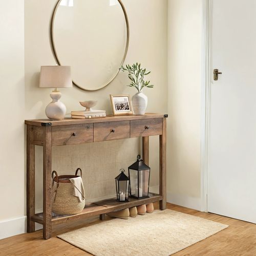 Table Console, Table D'entrée Avec 3 Tiroirs Et Étagère De Rangement, Style Campagnard, Marron