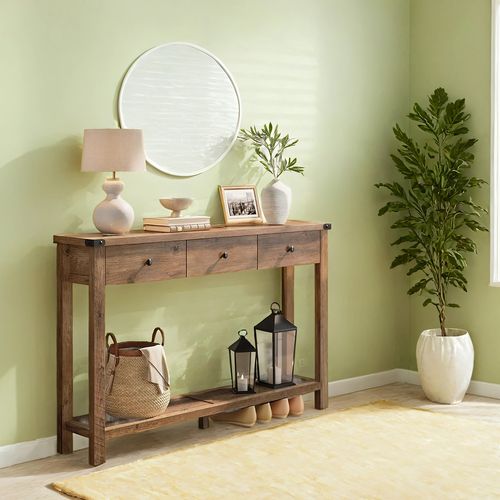 Table Console, Table D'entrée Avec 3 Tiroirs Et Étagère De Rangement, Style Campagnard, Marron