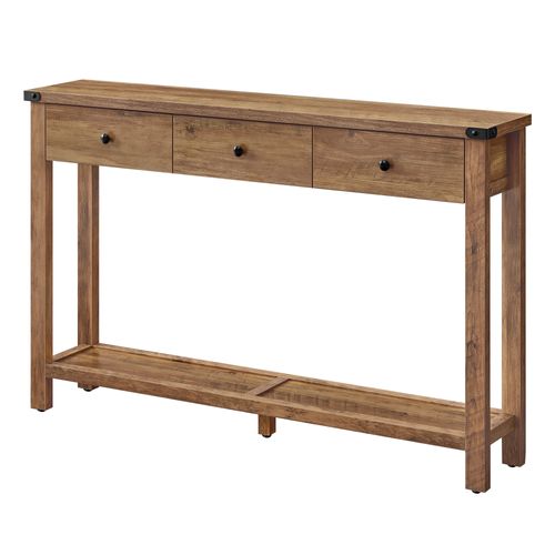 Table Console, Table D'entrée Avec 3 Tiroirs Et Étagère De Rangement, Style Campagnard, Marron