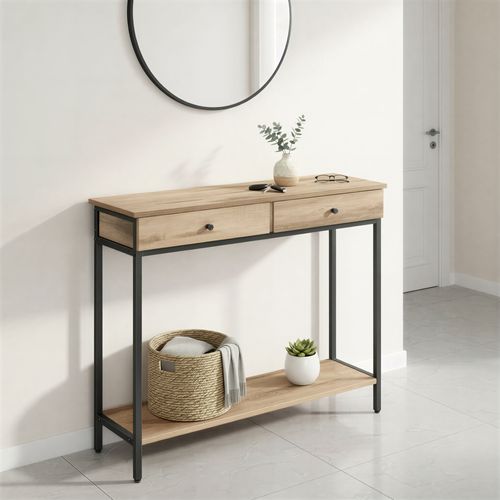 Console D’entrée Industrielle, Avec 2 Tiroirs, Table Basse En Acier, Camel Et Noir