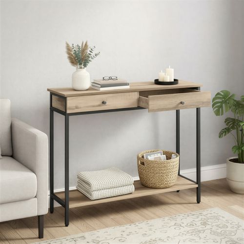 Console D’entrée Industrielle, Avec 2 Tiroirs, Table Basse En Acier, Camel Et Noir