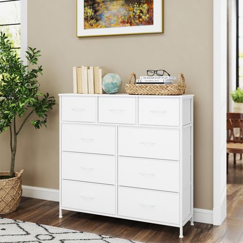 Commode, 9 Tiroirs En Tissu Non-tissé, Pour Chambre, Blanc