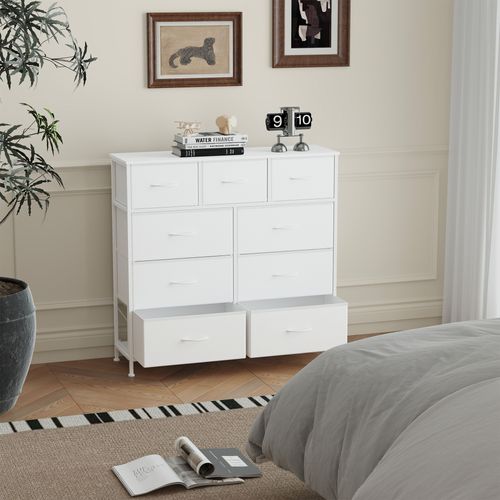 Commode, 9 Tiroirs En Tissu Non-tissé, Pour Chambre, Blanc