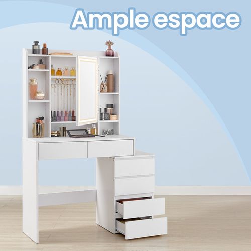 Coiffeuse, Avec Grand Miroir LED à Luminosité Réglable, 40 X 98,3 X 145 Cm, Blanc