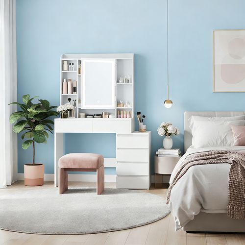 Coiffeuse, Avec Grand Miroir LED à Luminosité Réglable, 40 X 98,3 X 145 Cm, Blanc