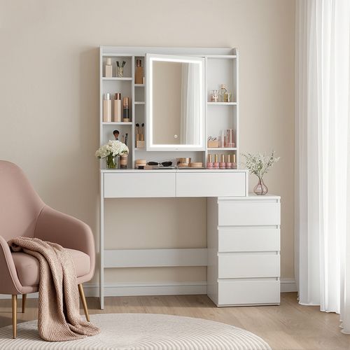 Coiffeuse, Avec Grand Miroir LED à Luminosité Réglable, 40 X 98,3 X 145 Cm, Blanc