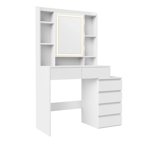Coiffeuse, Avec Grand Miroir LED à Luminosité Réglable, 40 X 98,3 X 145 Cm, Blanc