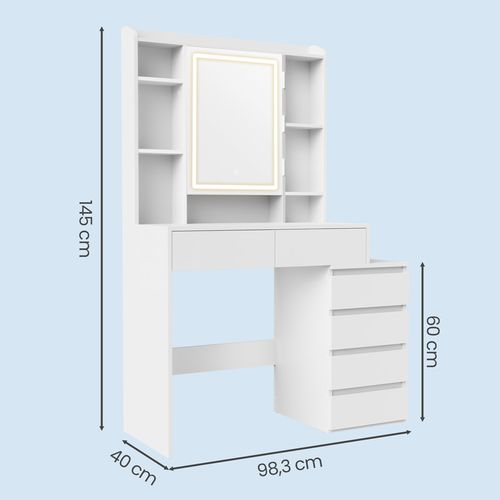 Coiffeuse, Avec Grand Miroir LED à Luminosité Réglable, 40 X 98,3 X 145 Cm, Blanc