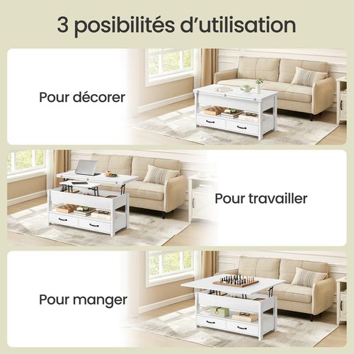 Table De Salon Relevable, Vérin à Gaz, 2 Tiroirs Et 3 Compartiments, 1 Compartiment Ouvert, Blanc