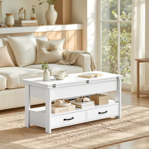 Table De Salon Relevable, Vérin à Gaz, 2 Tiroirs Et 3 Compartiments, 1 Compartiment Ouvert, Blanc