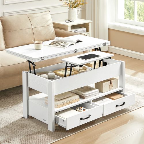 Table De Salon Relevable, Vérin à Gaz, 2 Tiroirs Et 3 Compartiments, 1 Compartiment Ouvert, Blanc