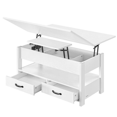 Table De Salon Relevable, Vérin à Gaz, 2 Tiroirs Et 3 Compartiments, 1 Compartiment Ouvert, Blanc