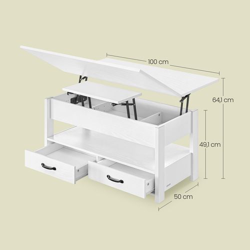 Table De Salon Relevable, Vérin à Gaz, 2 Tiroirs Et 3 Compartiments, 1 Compartiment Ouvert, Blanc