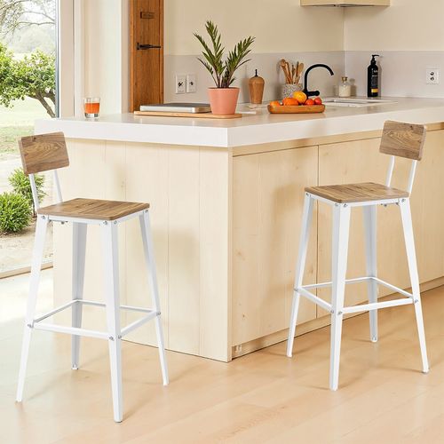 Ensemble De 2 Tabourets De Bar, Avec Dossier, Chaises De Bar, Cadre En Acier, Marron Et Blanc
