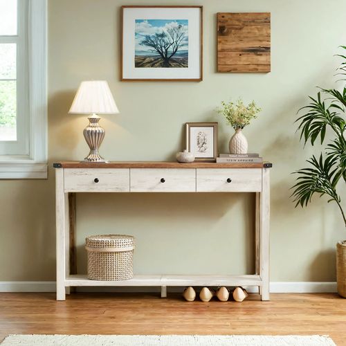 Table Console, Table D'entrée Avec 3 Tiroirs Et Étagère De Rangement, Marron Et Blanc