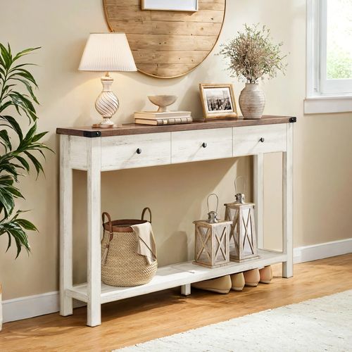 Table Console, Table D'entrée Avec 3 Tiroirs Et Étagère De Rangement, Marron Et Blanc