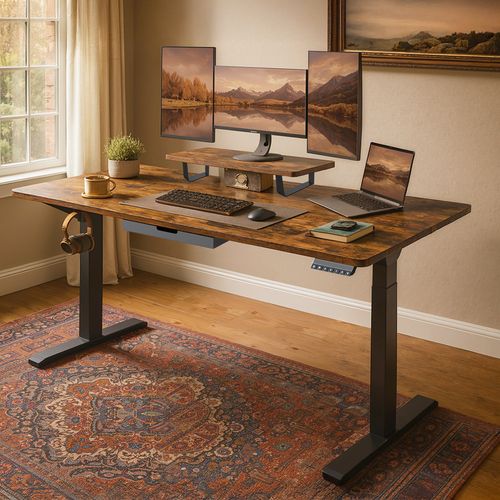 Bureau Électrique Réglable En Hauteur, 140 X 70 Cm, Support D’écran, Tiroir, Port USB-c, Marron