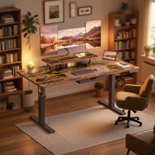 Bureau Électrique Réglable En Hauteur, 140 X 70 Cm, Support D’écran, Tiroir, Port USB-c, Marron