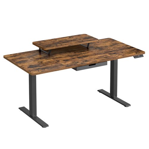 Bureau Électrique Réglable En Hauteur, 140 X 70 Cm, Support D’écran, Tiroir, Port USB-c, Marron