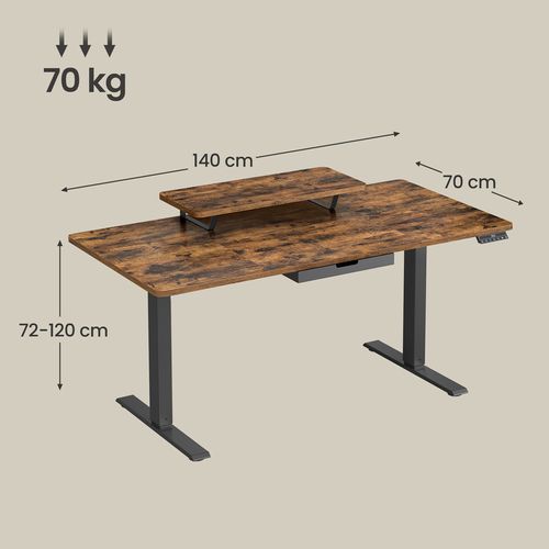 Bureau Électrique Réglable En Hauteur, 140 X 70 Cm, Support D’écran, Tiroir, Port USB-c, Marron