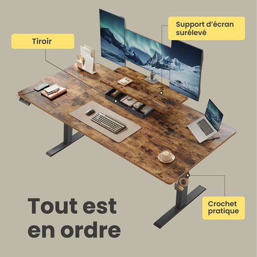 Bureau Électrique Réglable En Hauteur, 140 X 70 Cm, Support D’écran, Tiroir, Port USB-c, Marron