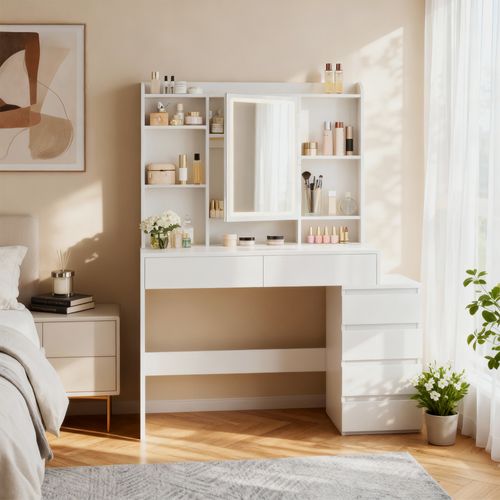 Coiffeuse, Avec Grand Miroir LED à Luminosité Réglable, 40 X 118,3 X 145 Cm, Blanc