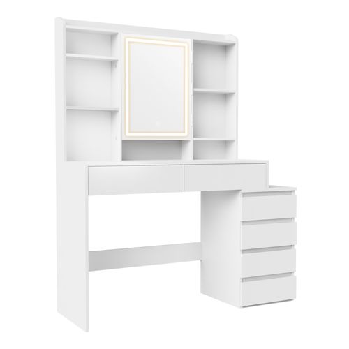 Coiffeuse, Avec Grand Miroir LED à Luminosité Réglable, 40 X 118,3 X 145 Cm, Blanc