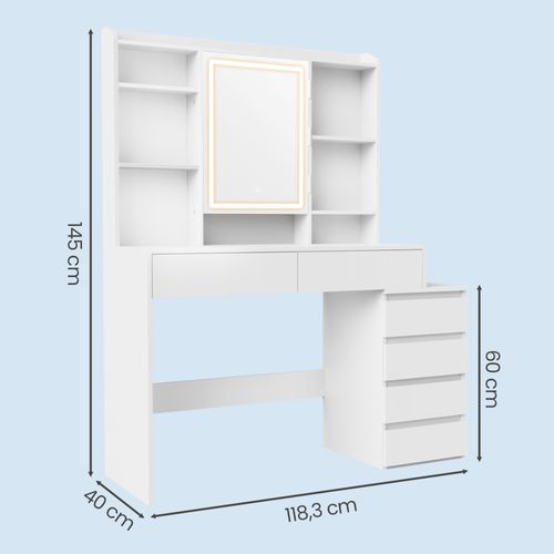 Coiffeuse, Avec Grand Miroir LED à Luminosité Réglable, 40 X 118,3 X 145 Cm, Blanc