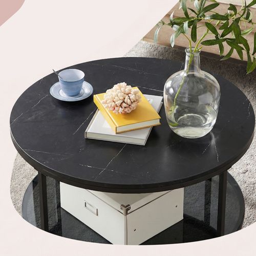 Table Basse Ronde Avec Étagère En Verre Trempé, Montage Facile, Style Moderne, Salon, Noir
