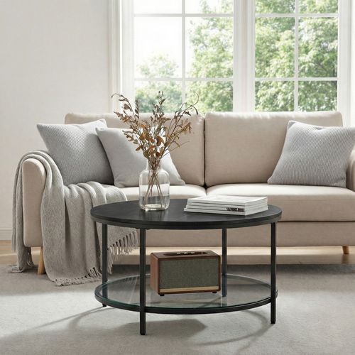 Table Basse Ronde Avec Étagère En Verre Trempé, Montage Facile, Style Moderne, Salon, Noir