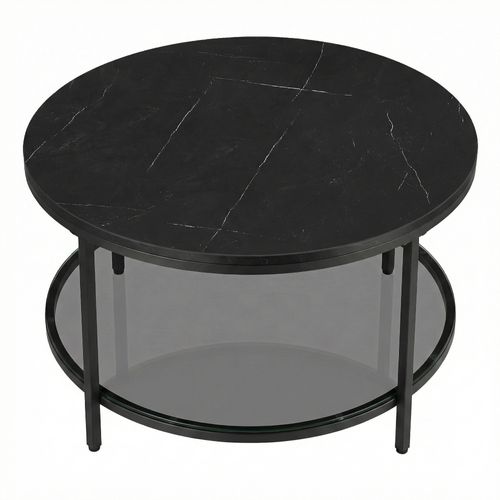 Table Basse Ronde Avec Étagère En Verre Trempé, Montage Facile, Style Moderne, Salon, Noir