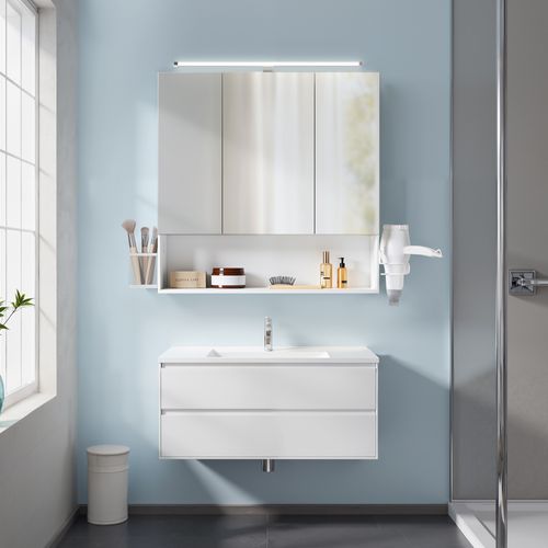 Meuble De Salle De Bain Avec Éclairage LED, Avec Prise, Porte Sèche-cheveux, Grand Espace, Blanc