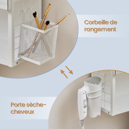 Meuble De Salle De Bain Avec Éclairage LED, Avec Prise, Porte Sèche-cheveux, Grand Espace, Blanc