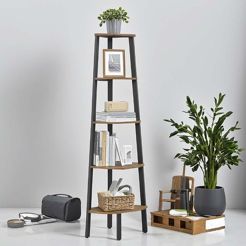 Bibliothèque 5 Niveaux, Étagère D'angle, Meuble De Rangement, Style Industriel, Marron Et Noir