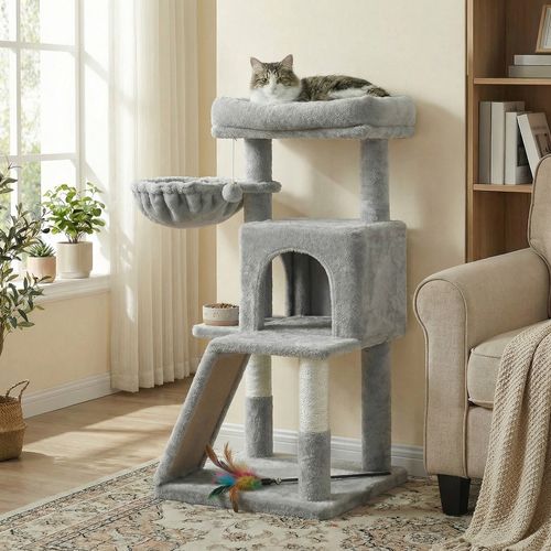 Petit Arbre à Chat, Poteaux à Griffer Et Rampe, Gris Clair