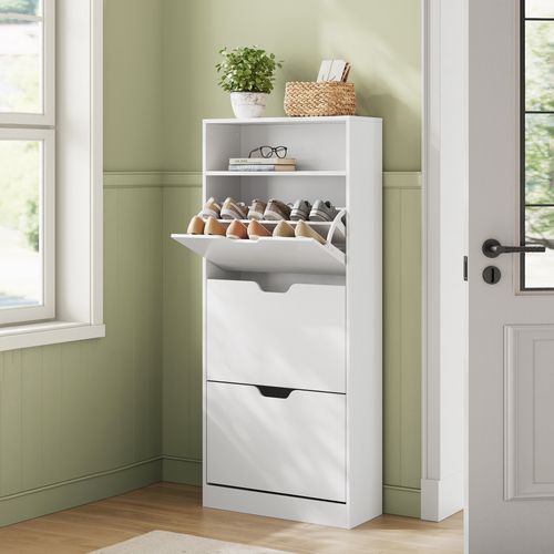 Meuble à Chaussures, Avec Compartiment Ouvert Et Séparateur Ajustable, Pour 14 à 18 Paires, Blanc