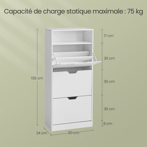 Meuble à Chaussures, Avec Compartiment Ouvert Et Séparateur Ajustable, Pour 14 à 18 Paires, Blanc